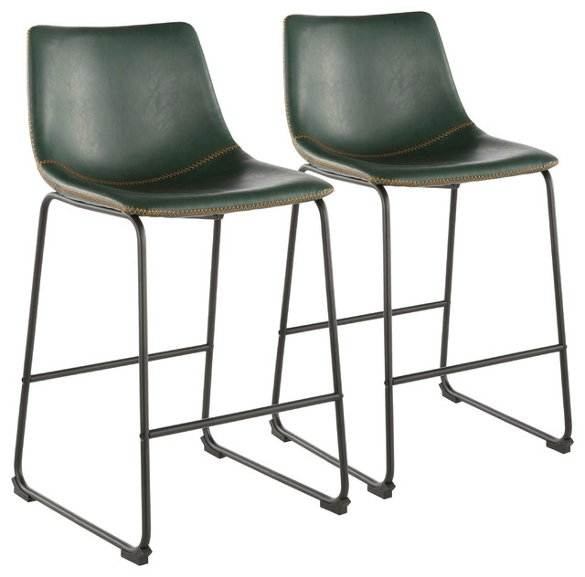 26 Counter Stool In Black With Green Faux Leather Orange Stitching Set Of 2