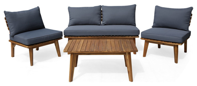 GDF Studio Martha Outdoor 4-Seater Acacia Wood Chat Set, Teak Finish