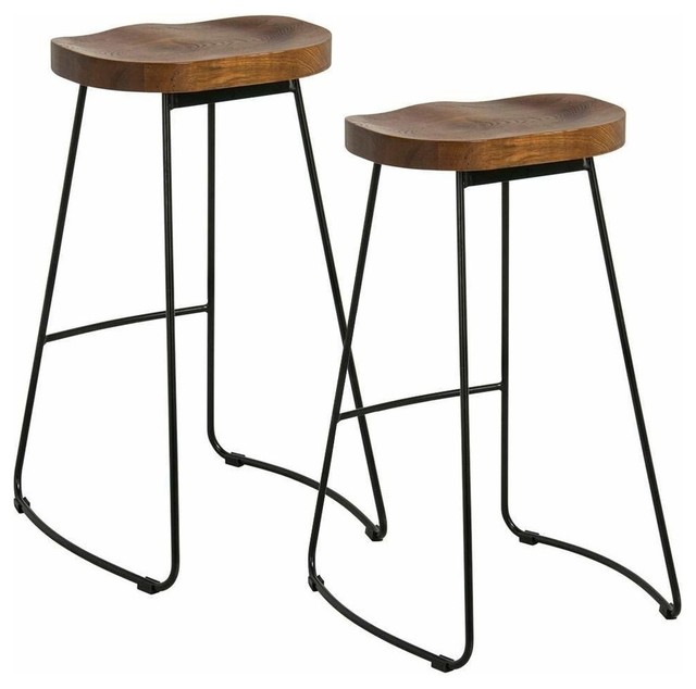 Rustic Set of 2 Pub Bar Stools With Black Finished Frame and Solid Wood Seat