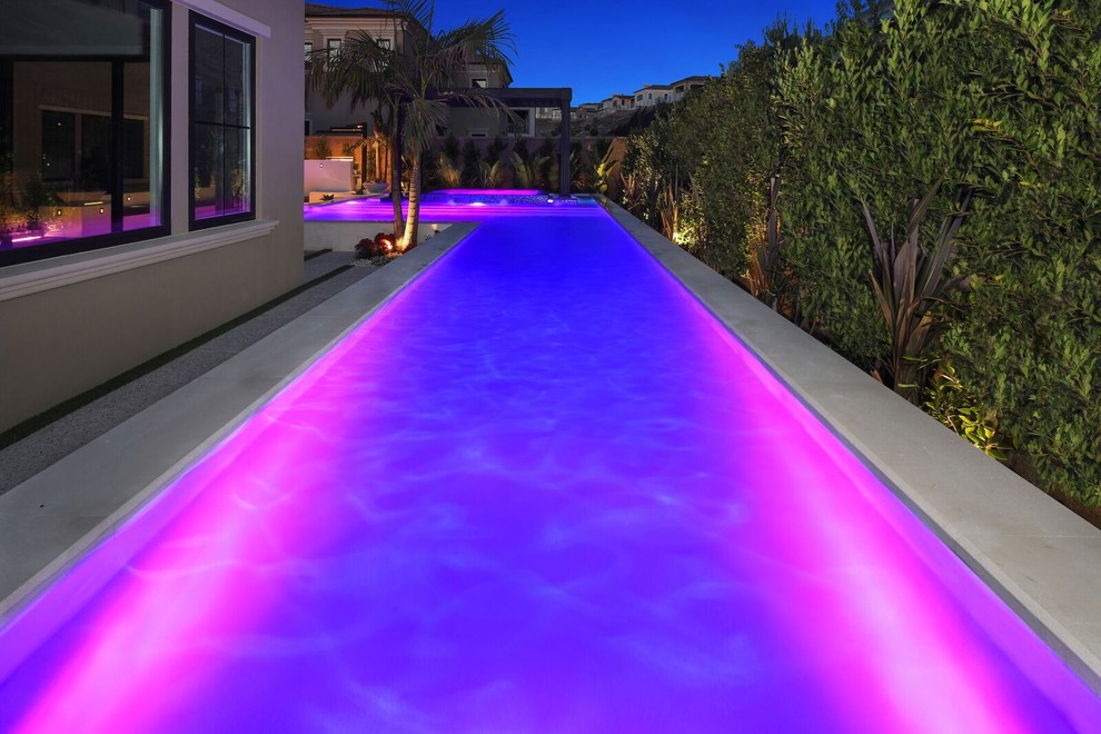 Inspiration for a small modern backyard custom-shaped infinity pool in Orange County with a hot tub.