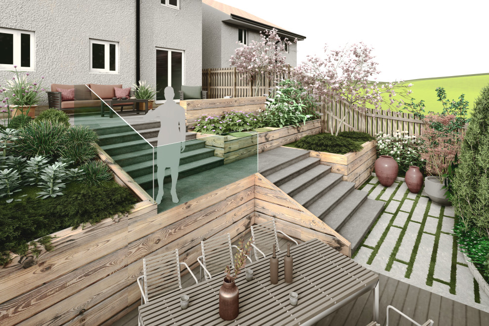 Immagine di una terrazza design di medie dimensioni, dietro casa e al primo piano con un giardino in vaso, nessuna copertura e parapetto in vetro