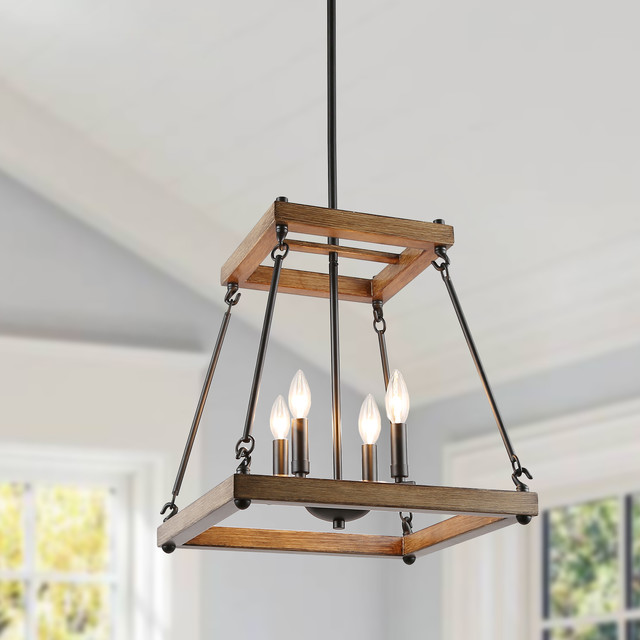4 Light Island Pendant Wood Faux Farmhouse Chandelier