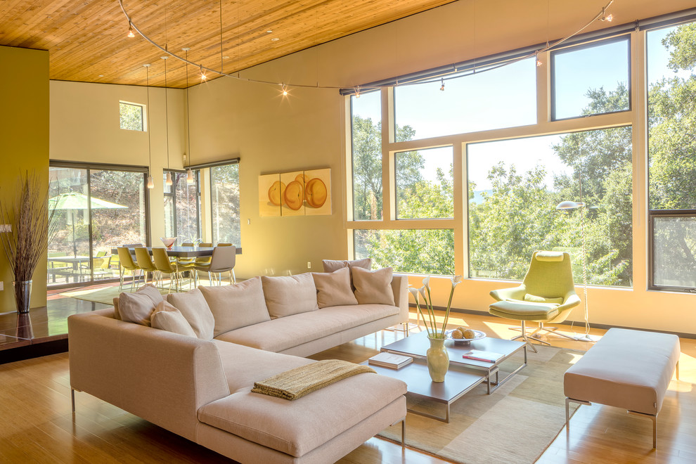 Large contemporary formal open concept living room in San Francisco with green walls and medium hardwood floors.