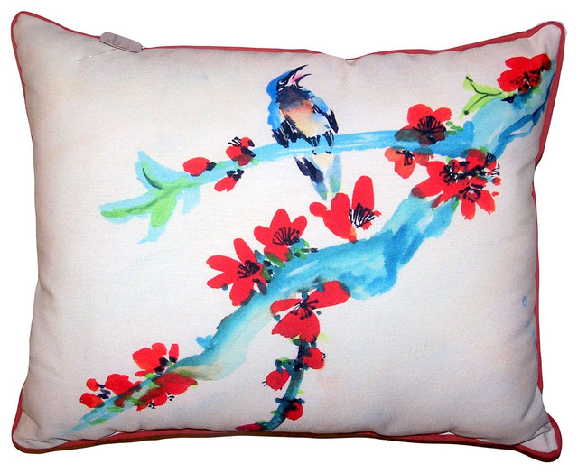 Red Buds And Bird Indoor Outdoor Pillow Contemporary Outdoor