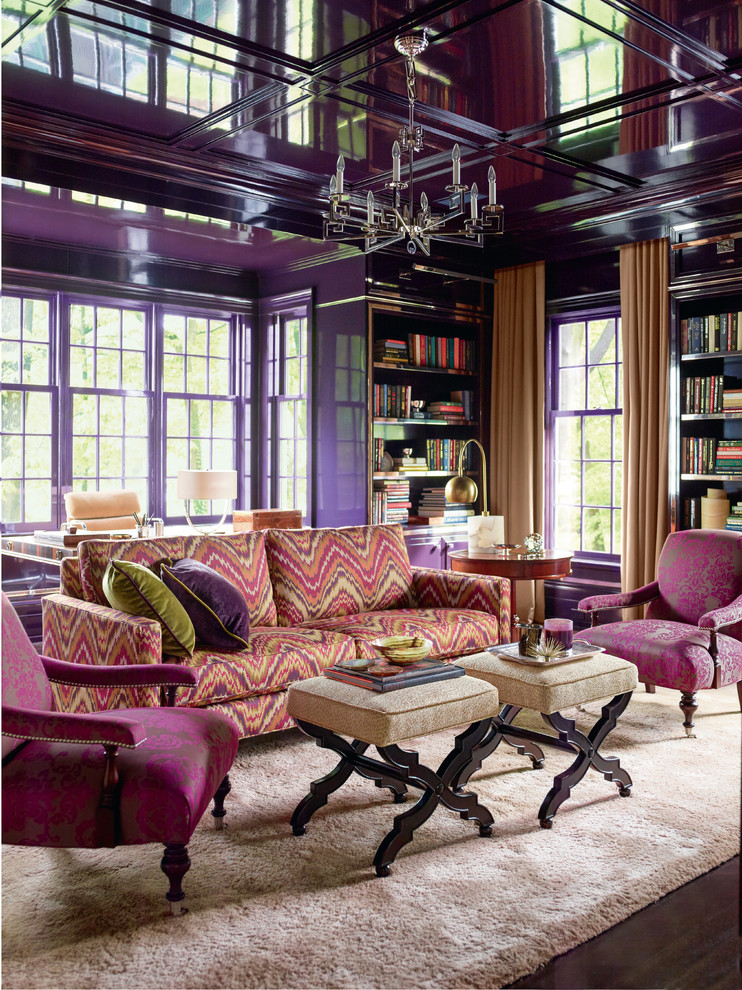 Living room library - contemporary enclosed dark wood floor living room library idea in Other with purple walls