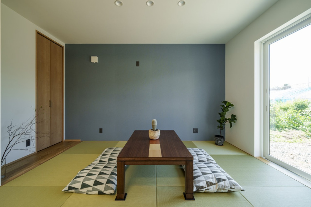 Идея дизайна: открытая гостиная комната среднего размера в стиле модернизм с серыми стенами, татами, зеленым полом, потолком с обоями, обоями на стенах и акцентной стеной без камина, телевизора