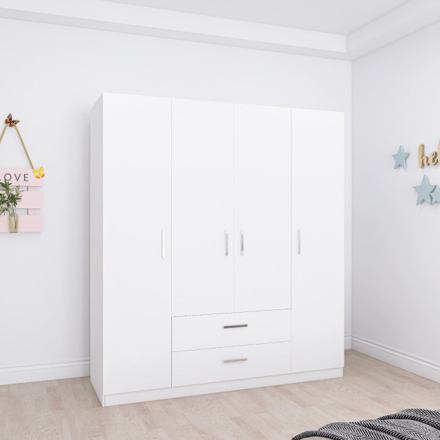 Lyon Freestanding Wardrobe Matte White With Outside 2Drawer Modern Armoires And