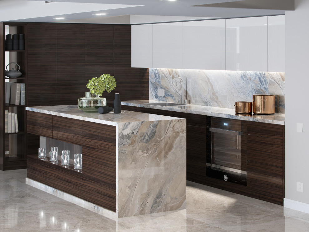 Photo of a mid-sized modern l-shaped eat-in kitchen in Miami with flat-panel cabinets, dark wood cabinets, quartzite benchtops, stone slab splashback, marble floors, with island, white floor, multi-coloured splashback and multi-coloured benchtop.