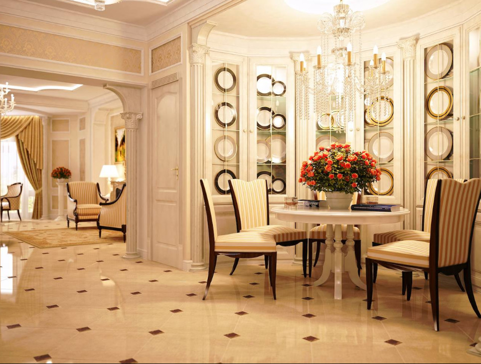 Mid-sized contemporary dining room in New York with white walls, marble floors, no fireplace, white floor, recessed and decorative wall panelling.