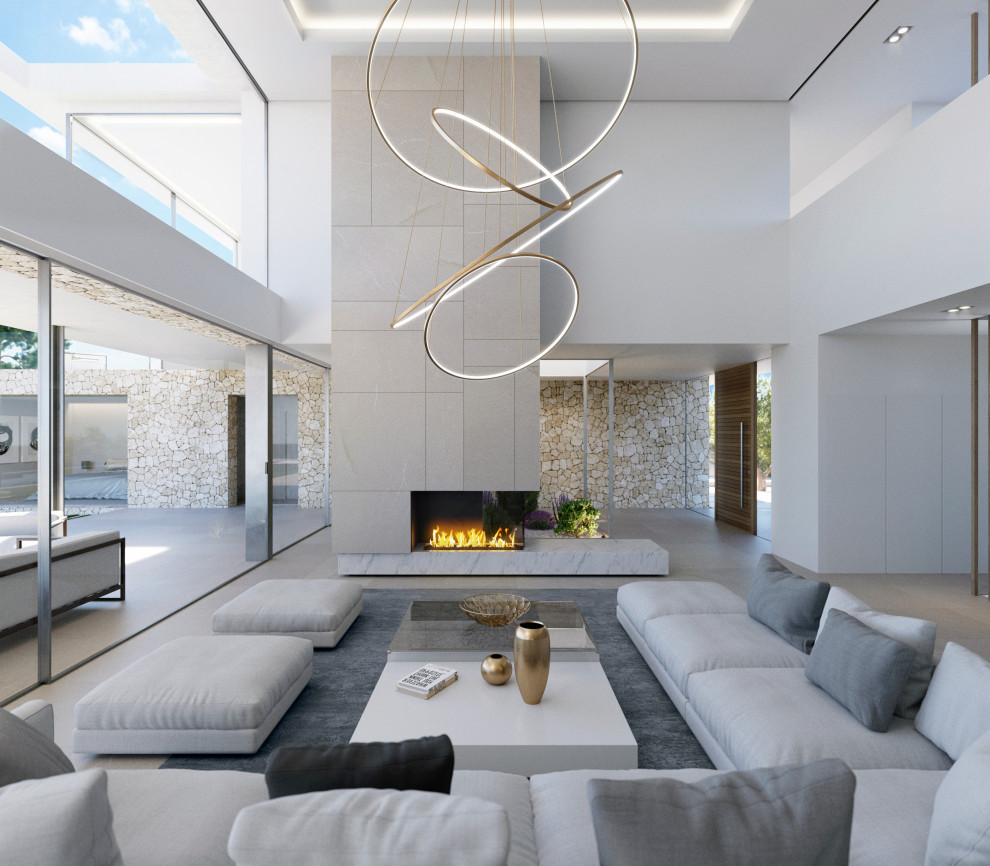 Inspiration for an expansive contemporary formal open concept living room in Palma de Mallorca with white walls, light hardwood floors, a corner fireplace, a tile fireplace surround, no tv and beige floor.