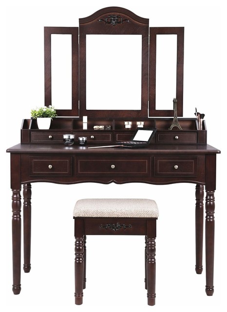 Vanity Table Set 7 Drawer Tri Folding, Vanity With Mirror And Stool