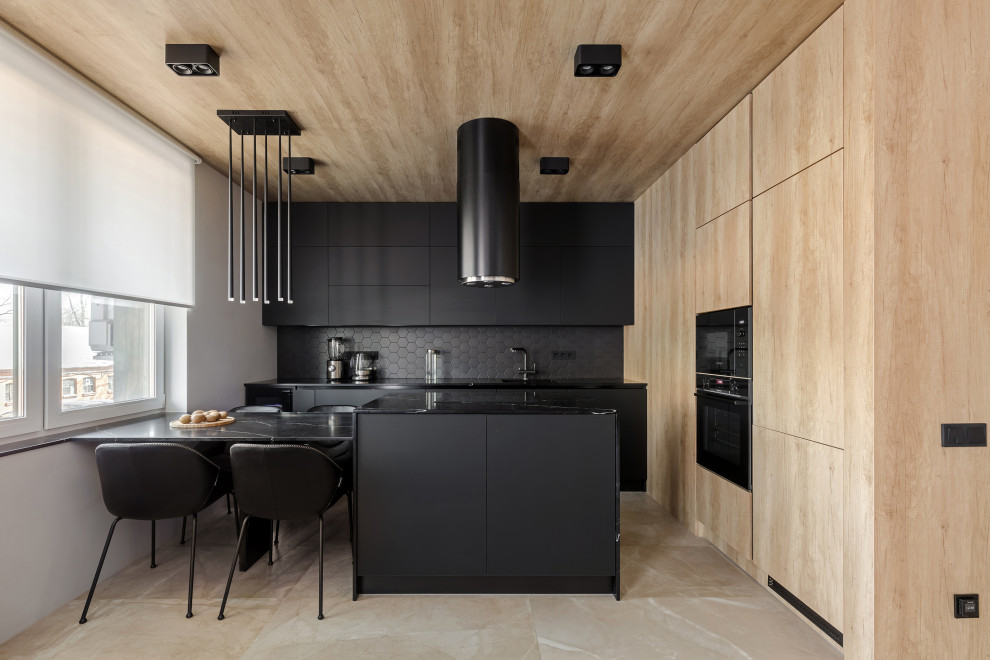This is an example of a contemporary l-shaped kitchen in Saint Petersburg with flat-panel cabinets, black cabinets, black splashback, black appliances, a peninsula, beige floor, black benchtop and wood.