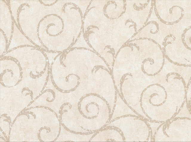 Wallpaper Designer Gold Taupe Gate Scroll on Tan Faux 