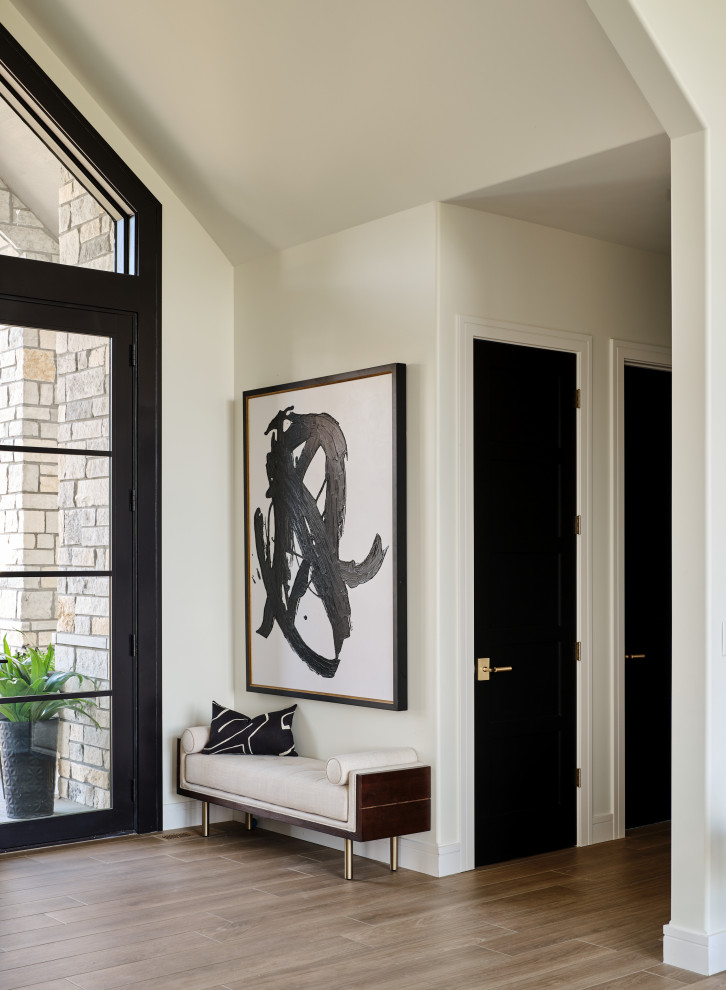 オマハにある小さなトランジショナルスタイルのおしゃれな玄関ロビー (白い壁、磁器タイルの床、ガラスドア、ベージュの床、三角天井) の写真