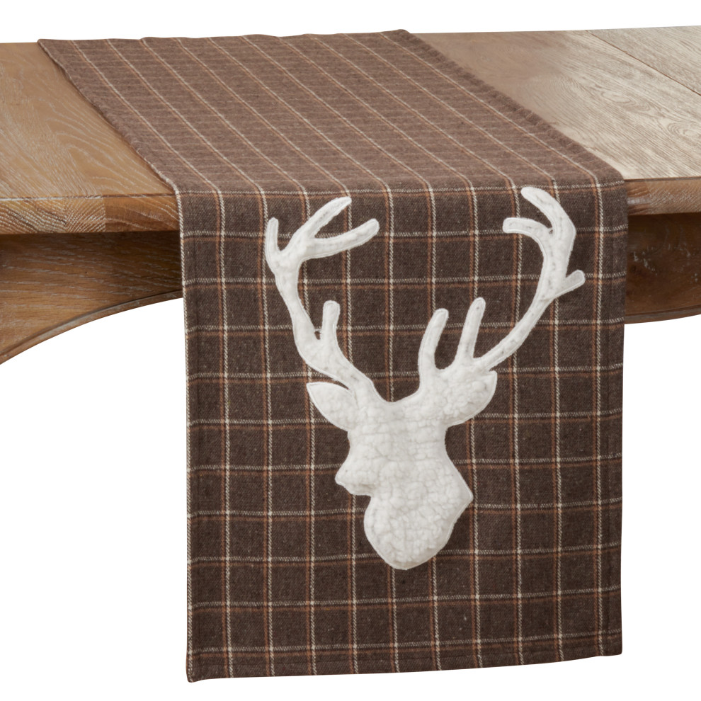 Plaid Table Runner With Reindeer Design, Brown - Rustic - Table Runners ...