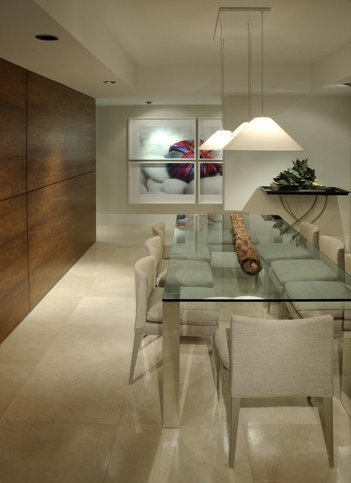 Inspiration for a contemporary dining room in Miami with white walls.