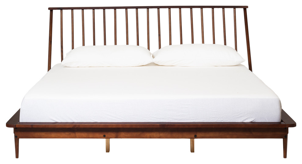 King Mid Century Modern Solid Wood Spindle Platform Bed Walnut