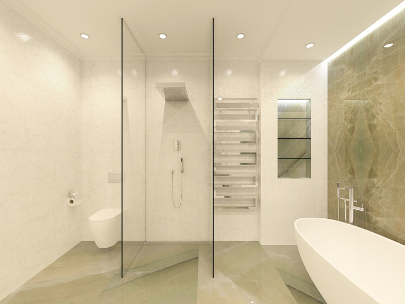 Modelo de cuarto de baño actual con lavabo bajoencimera, bañera exenta, ducha a ras de suelo, sanitario de pared y suelo de mármol
