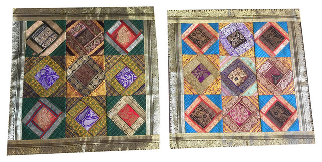 Vintage Silk Cushion Cover Indian Sari Border Patchwork Decorative Pillow Cases