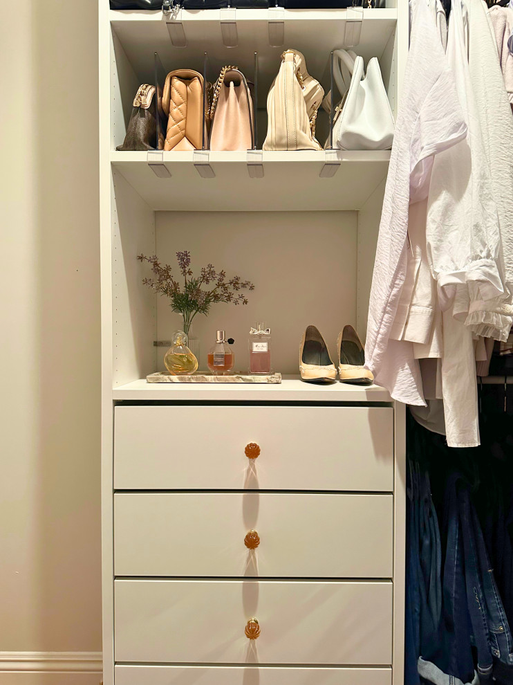 Inspiration for a mid-sized transitional walk-in closet remodel in Los Angeles with open cabinets and white cabinets