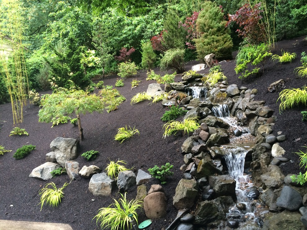 Inspiration for a small contemporary backyard shaded garden in Portland with a water feature.