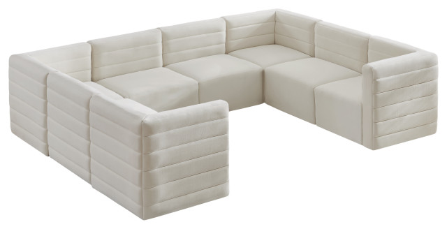 Quincy Velvet Upholstered 8-Piece U-Shaped Modular Sectional, Cream