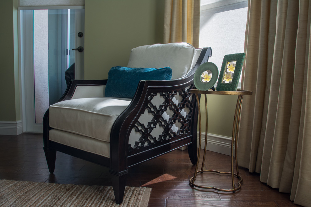 Bedroom - mid-sized transitional master medium tone wood floor bedroom idea in Miami with green walls and no fireplace