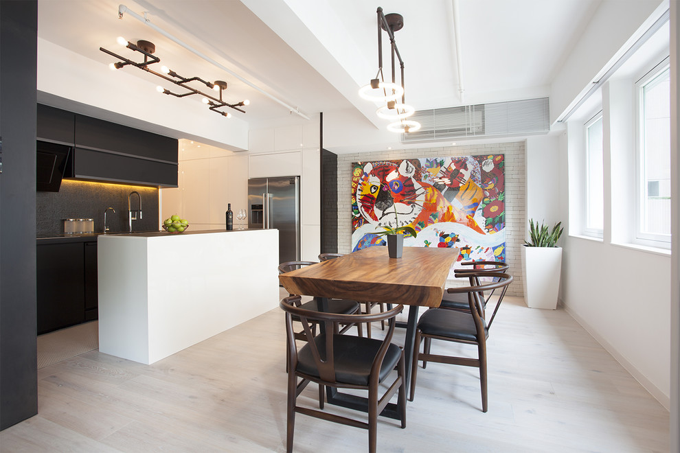 Design ideas for an industrial dining room in Hong Kong with white walls, light hardwood floors and no fireplace.