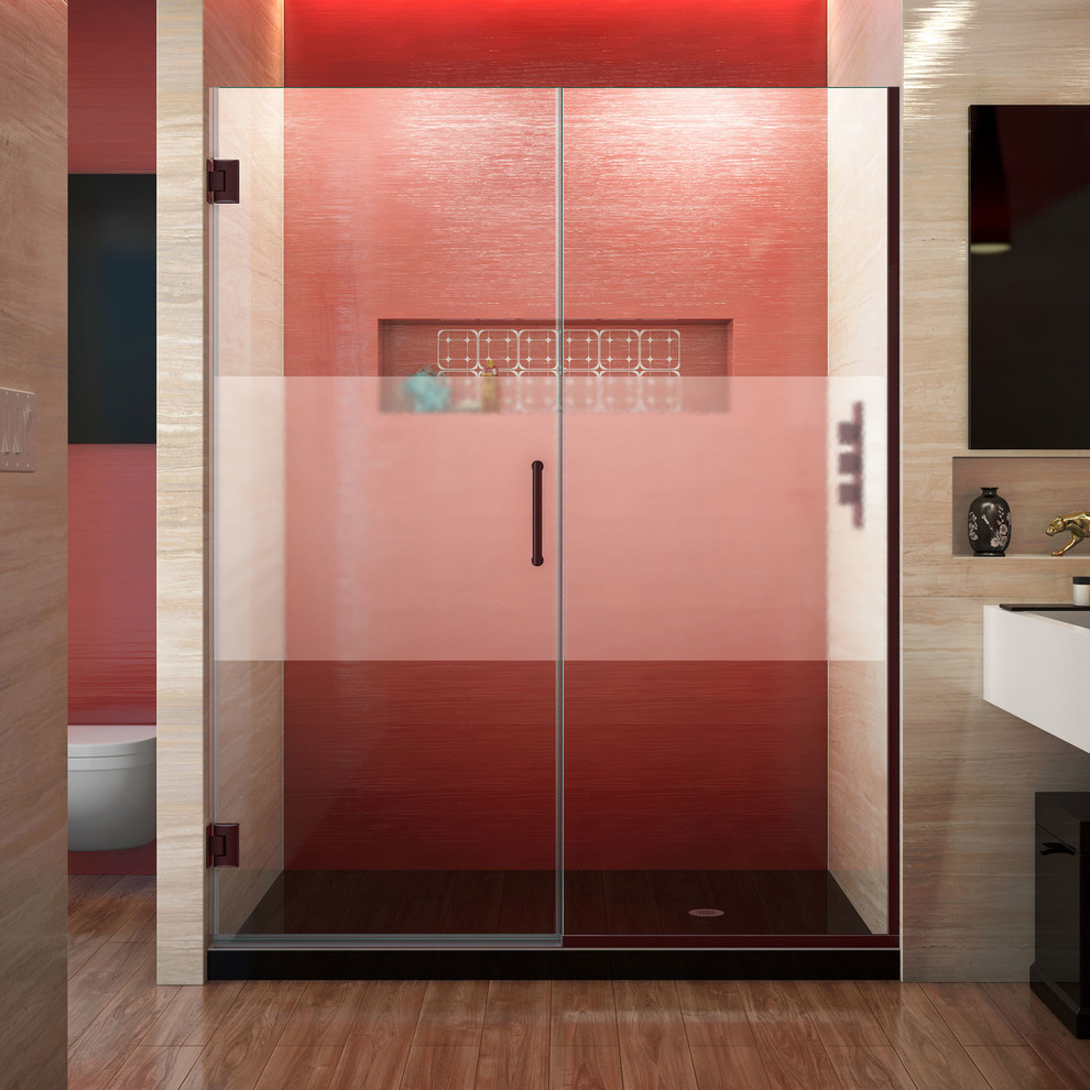 Unidoor Plus 58-58.5 Frameless Hinged Shower Door Frosted Band Oil Rubbed Bronze