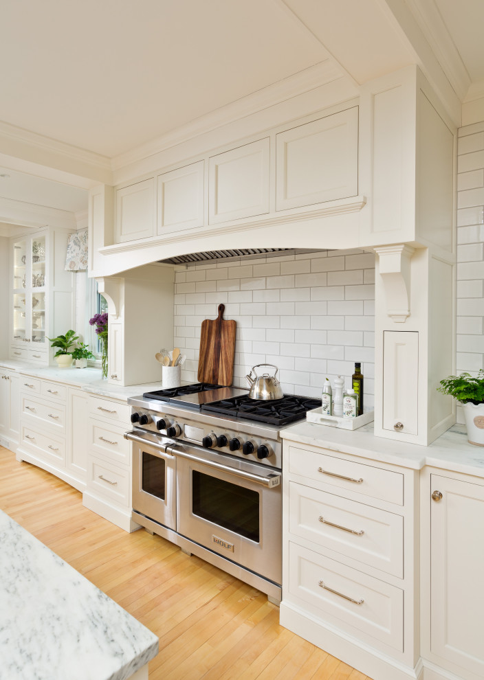 Kitchen - transitional light wood floor kitchen idea in Boston with an island