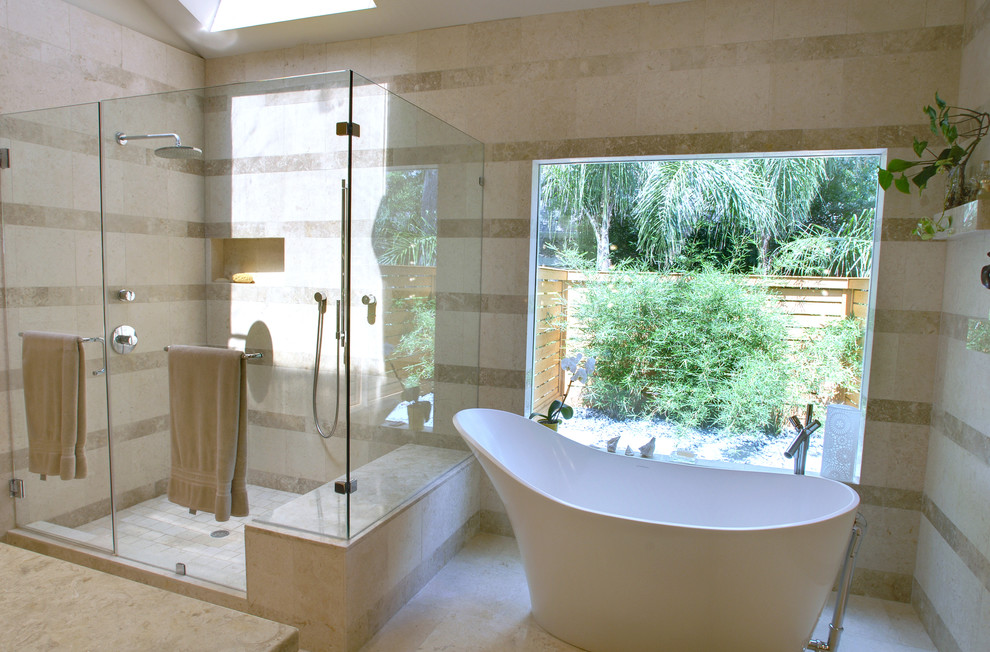 Design ideas for a contemporary bathroom in Houston with a freestanding tub.