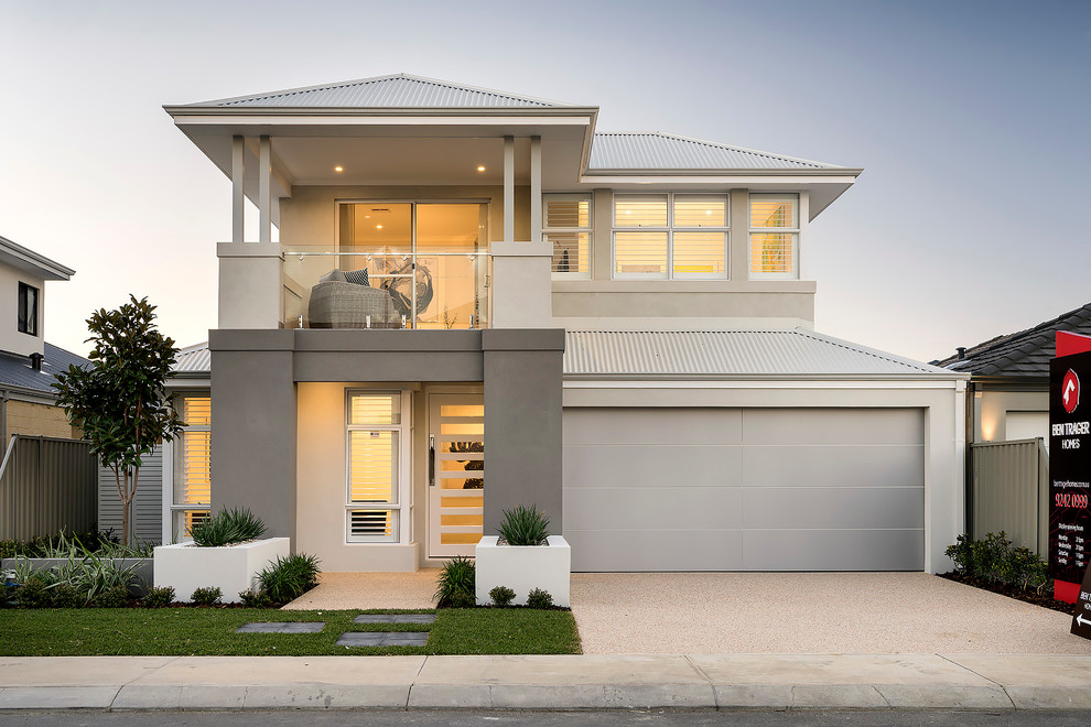 Design ideas for a mid-sized modern two-storey concrete grey exterior in Perth with a hip roof.