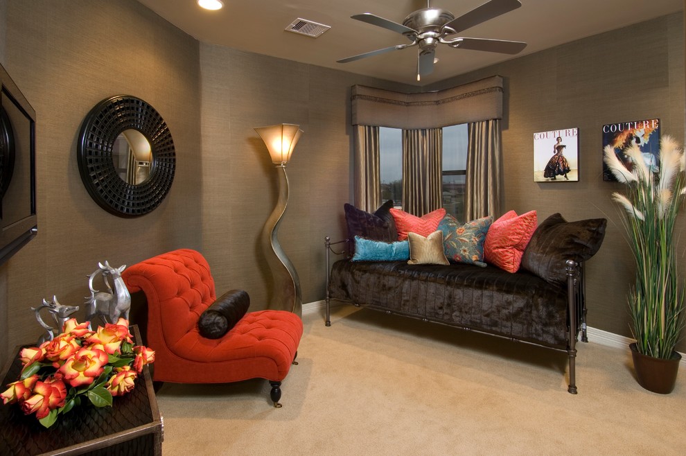 Contemporary enclosed family room in Houston with carpet and grey walls.