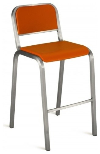 Nine-0 Stacking Barstool - Soft Back, Brushed - Seat: Orange