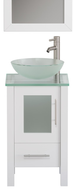 18" White Wood and Single Glass Vessel Sink Vanity Set "Ozark", Brushed Nickel F