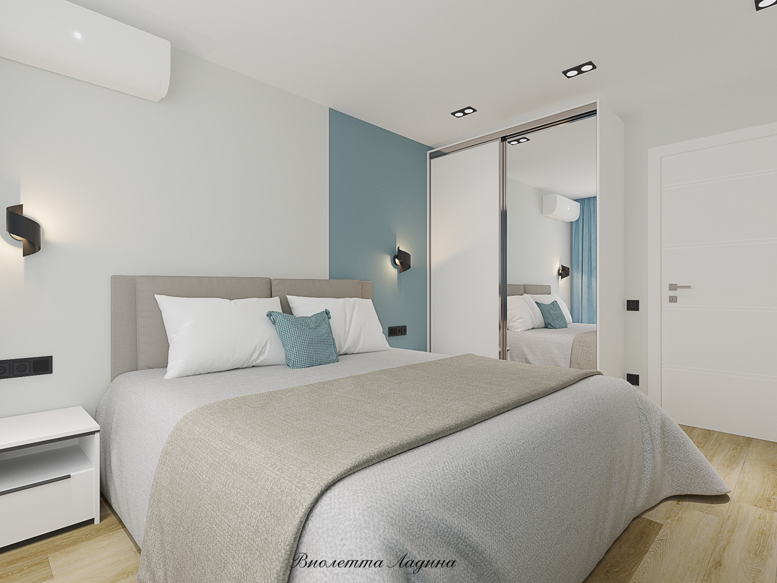 Трешка в панельном доме в современном стиле с голубым акцентом.