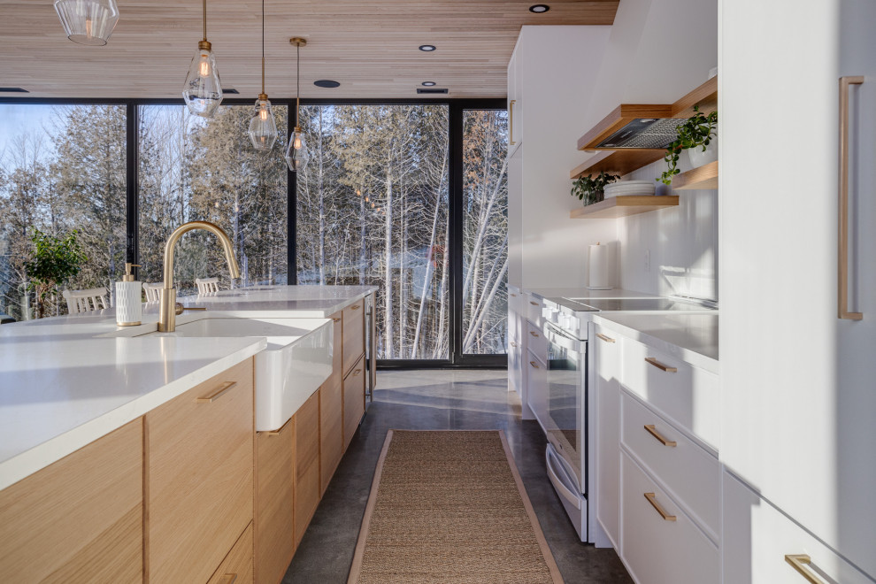 Свежая идея для дизайна: параллельная кухня в скандинавском стиле с врезной мойкой, плоскими фасадами, белыми фасадами, белым фартуком, фартуком из вагонки, островом и деревянным потолком - отличное фото интерьера