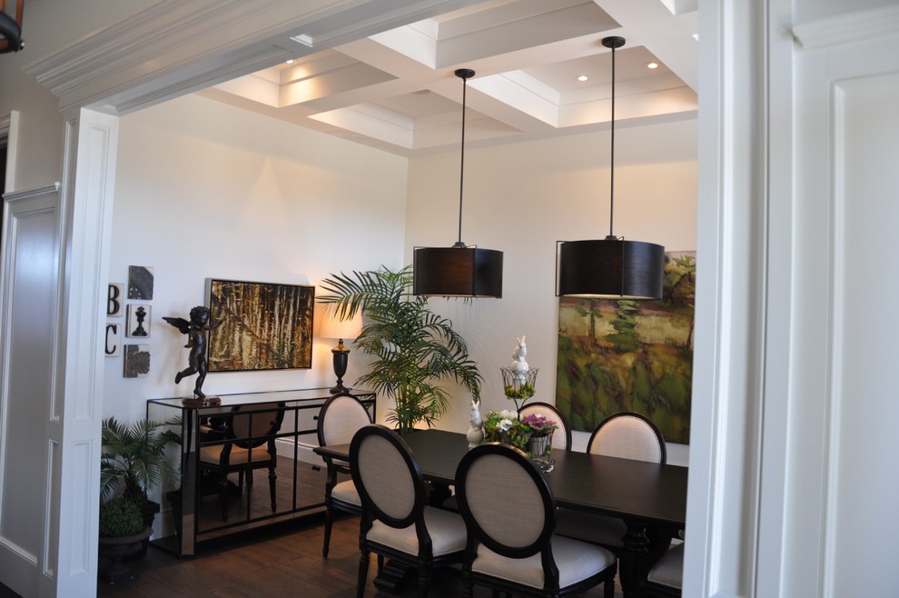 Large transitional dark wood floor and brown floor enclosed dining room photo with white walls and no fireplace