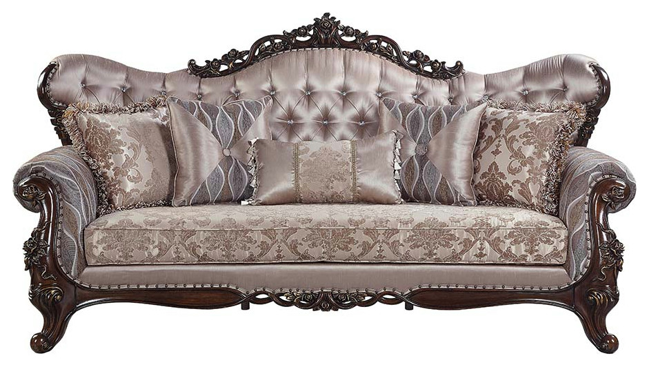 Acme Benbek Sofa With 5 Pillows Fabric and Antique Oak Finish