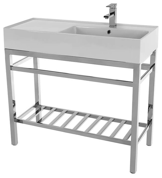 Modern Ceramic Console Sink With Counter Space and Chrome Base