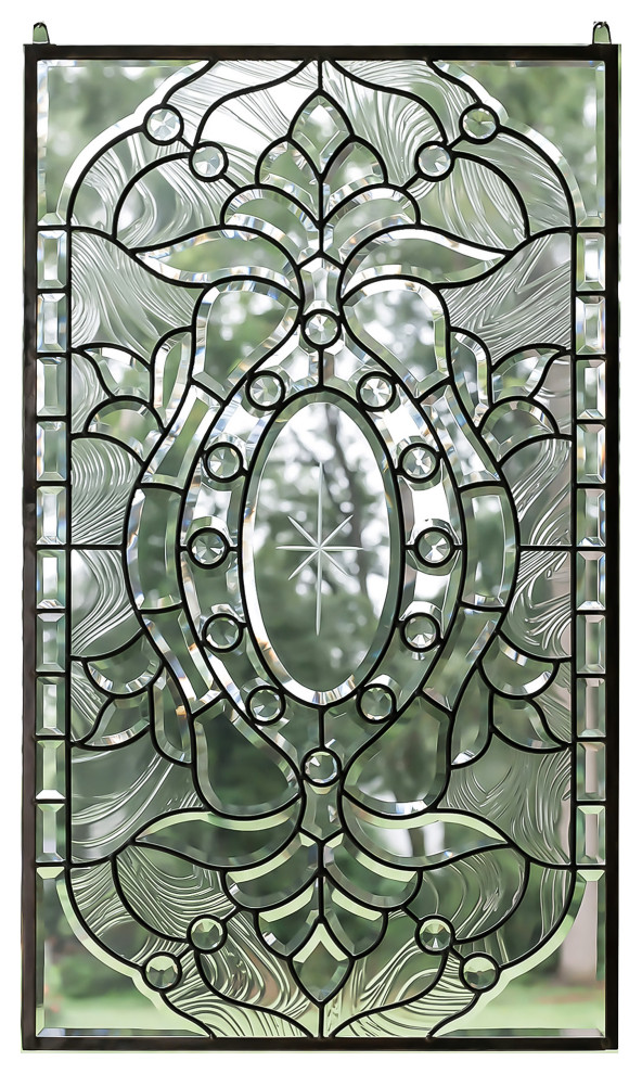 Handcrafted stained glass Green & Clear Beveled window panel 19" x 27" 
