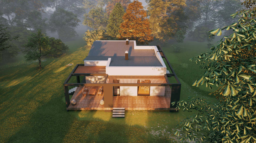 На фото: двухэтажный, белый частный загородный дом среднего размера в современном стиле с облицовкой из цементной штукатурки, металлической крышей, серой крышей и крышей-бабочкой