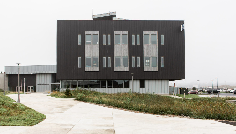 Cette photo montre une très grande façade de maison noire industrielle en bois à trois étages et plus.