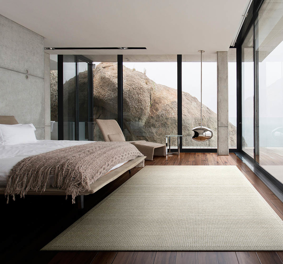 Inspiration for a modern bedroom in Tokyo with grey walls, dark hardwood floors, a hanging fireplace and brown floor.