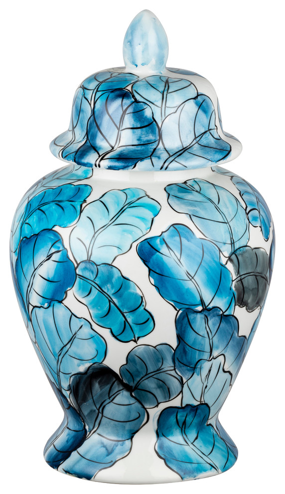 A&B Home Hand Painted Blue Feathers Jar With Lid D10X17"