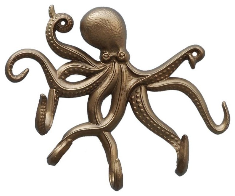 Antique Brass Octopus Hook 11" Beach Style Wall Hooks by