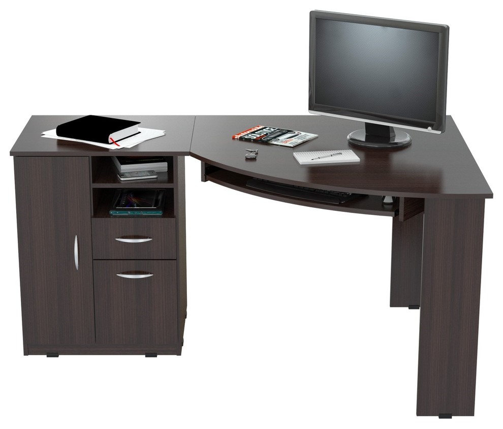 Inval Corner Computer Desk, Espresso Wengue Desks And Hutches by