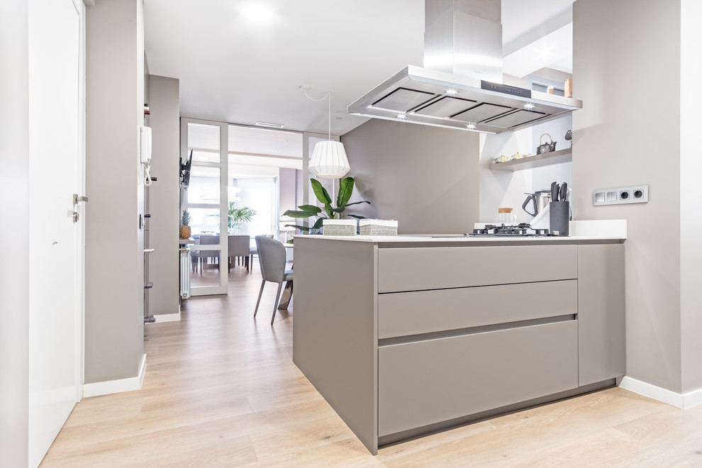 Photo of a large modern single-wall eat-in kitchen in Madrid with an undermount sink, flat-panel cabinets, grey cabinets, quartz benchtops, white splashback, stainless steel appliances, laminate floors and a peninsula.