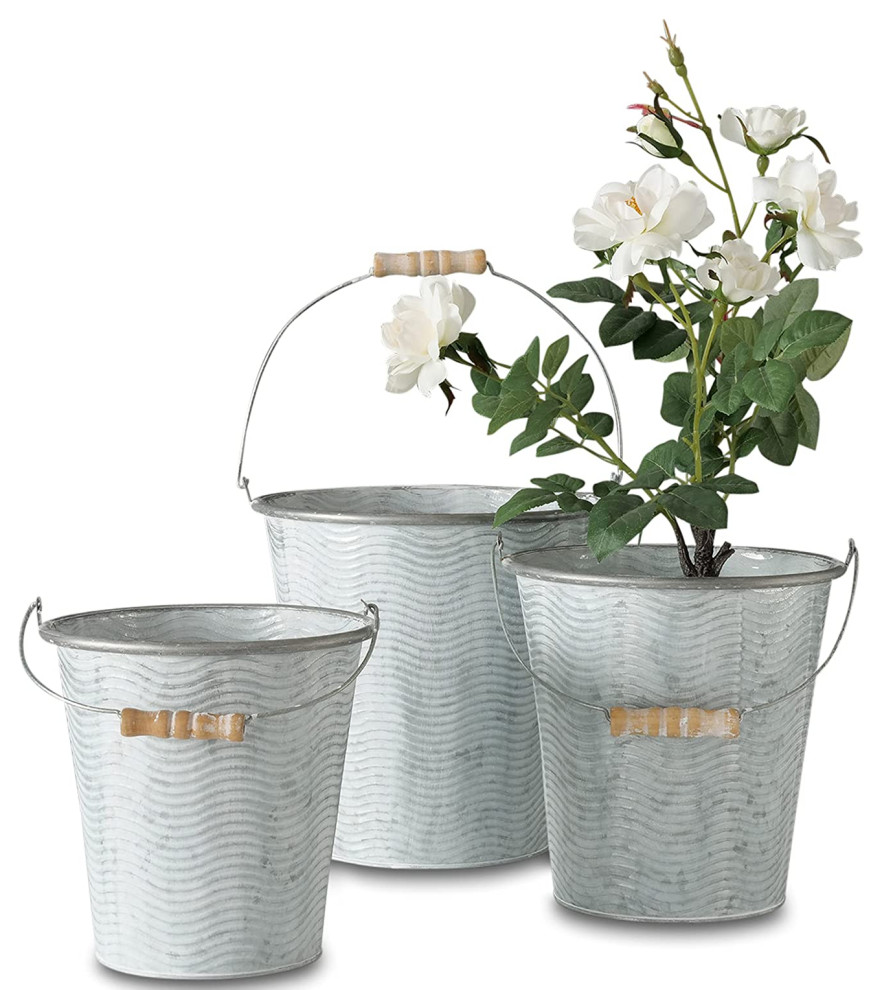 3 Piece Corrugated Round Metal Bucket Planters Farmhouse Indoor