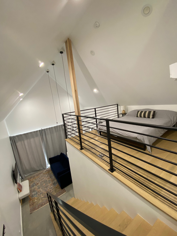 デンバーにある中くらいなインダストリアルスタイルのおしゃれなロフト寝室 (白い壁、淡色無垢フローリング、茶色い床、三角天井) のインテリア